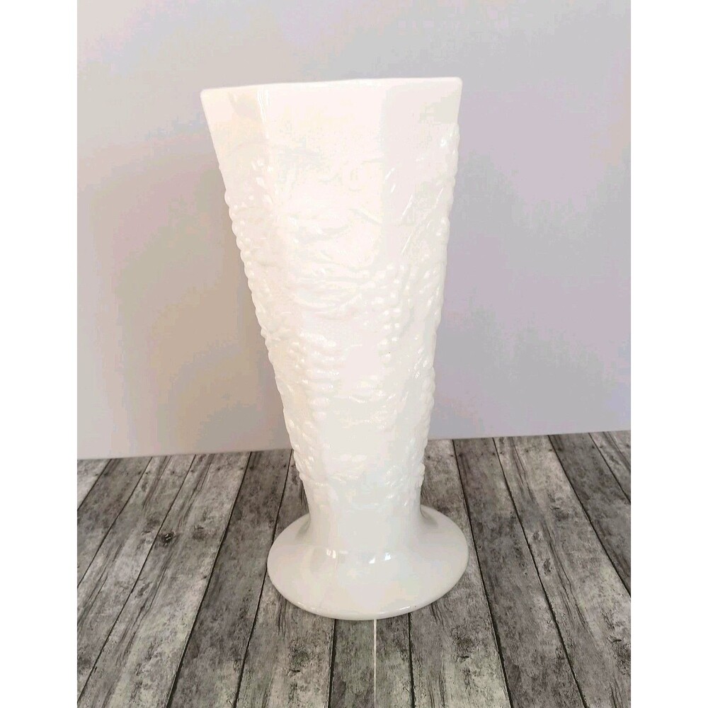 Vintage Milk Glass Paneled Grape Footed Vase 10" Tall Centerpiece